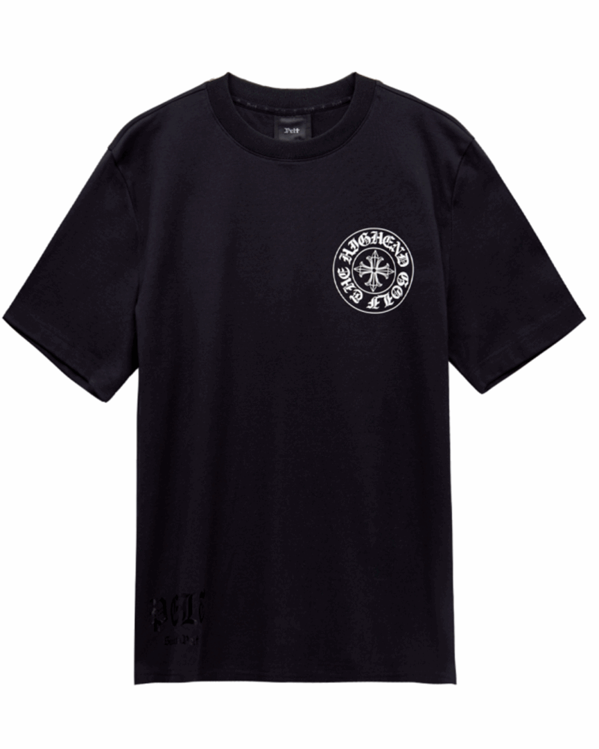 펠트 크로스 엠블럼 오버핏 라운드 티셔츠 : 남성용 블랙 (PB3TSM045BK)