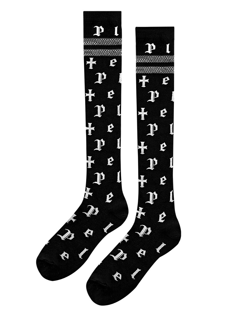 Baffle Logo Jacquard Mesh Knee Socks :  Women&#039;s Black (PA0GSF132BK)