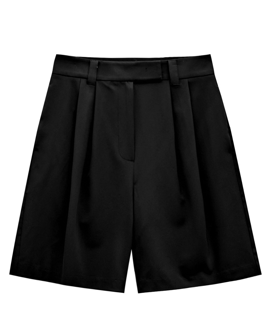 Plain Pin Tuck Half-Short Pants : Women&#039;s Black (PA3PSF022BK)