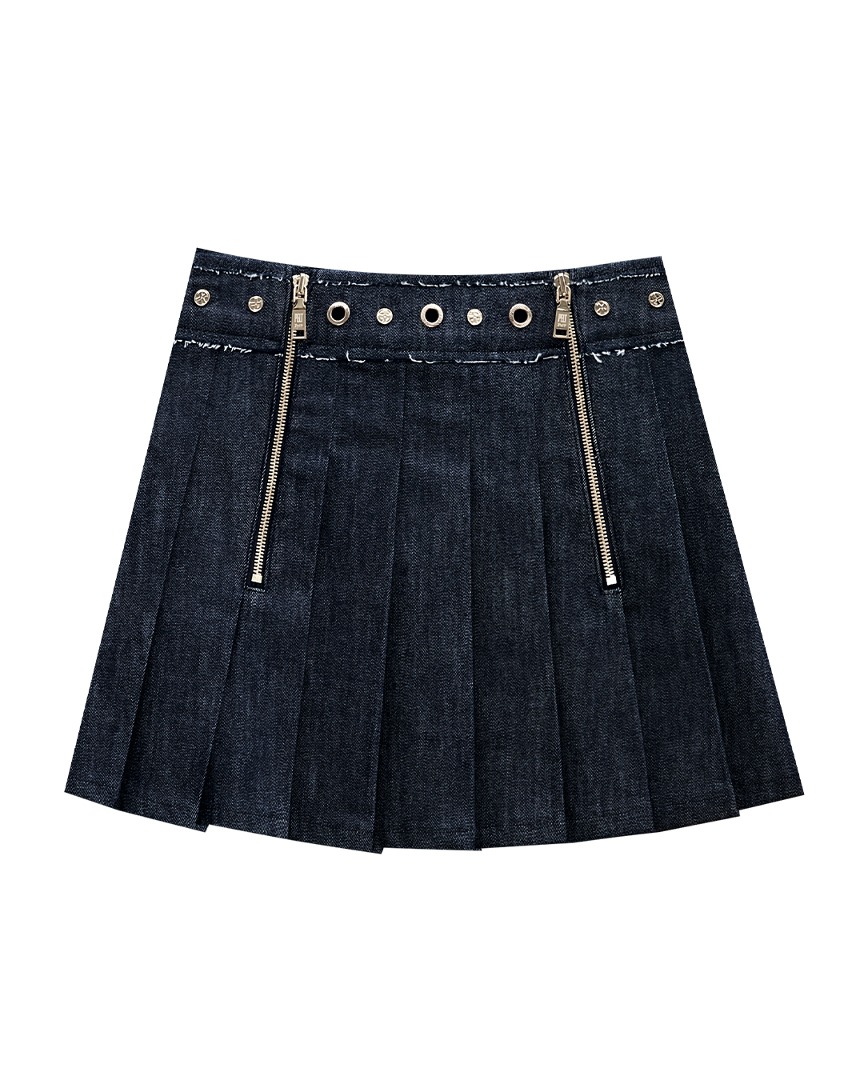Damge Line Zip-up Denim Pleats Skirt : Blue (PA2SKF002BL)